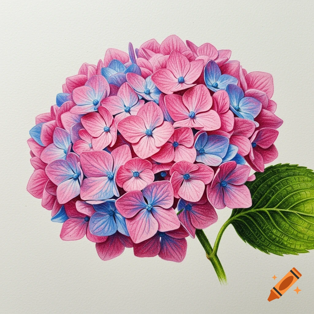 Colored pencil drawing of a pink and blue hydrangea flower.