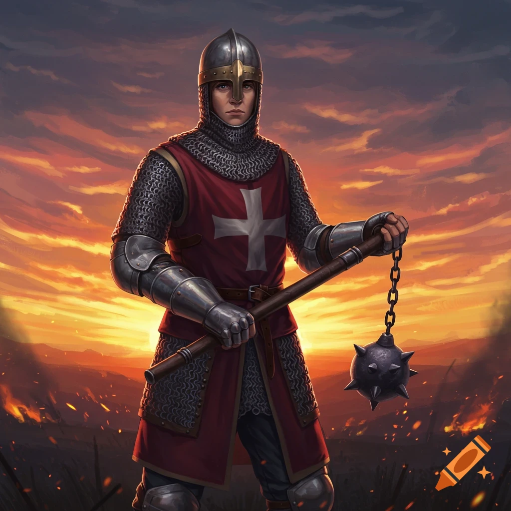A young adult knight in chainmail holds a flail against a fiery sunrise.