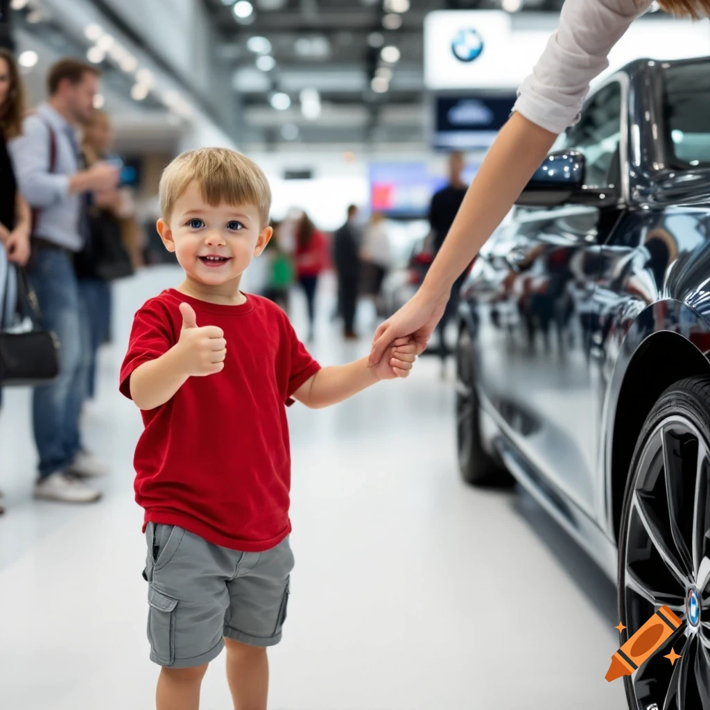 A young boy in a red shirt gives a thumbs-up while holding an adult's hand in a car convention.