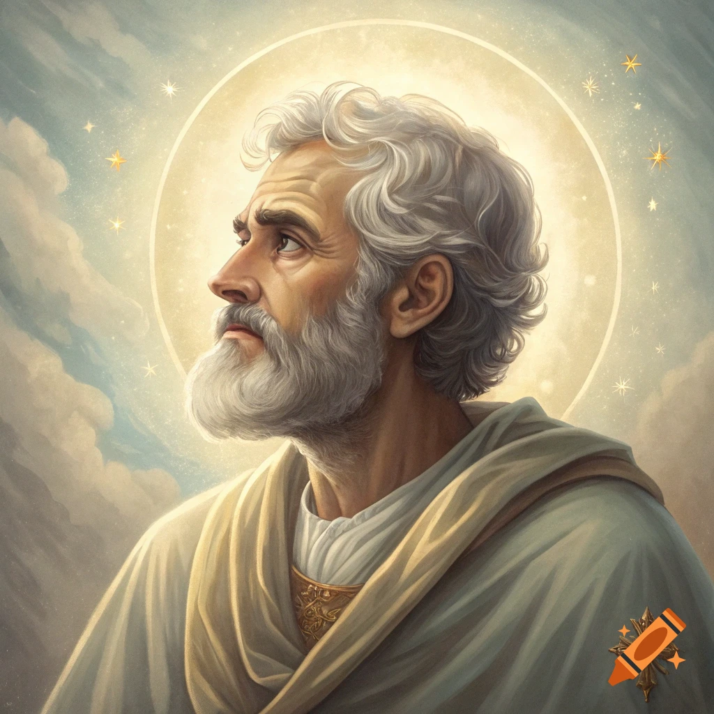 Painting of a man with white hair and beard looking up, with a divine glow and stars around his head.