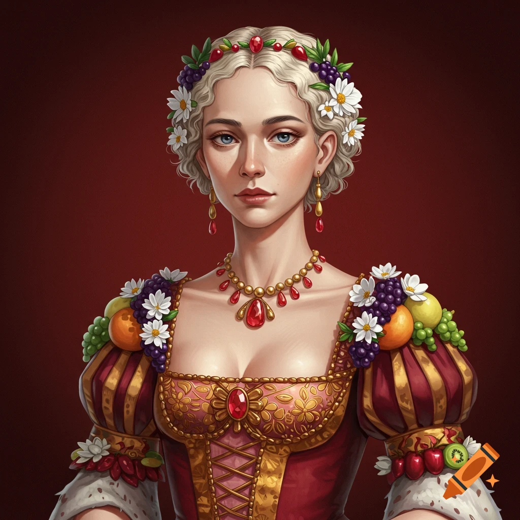 Portrait of a woman wearing a dress adorned with fruit and flowers, with flowers in her hair.