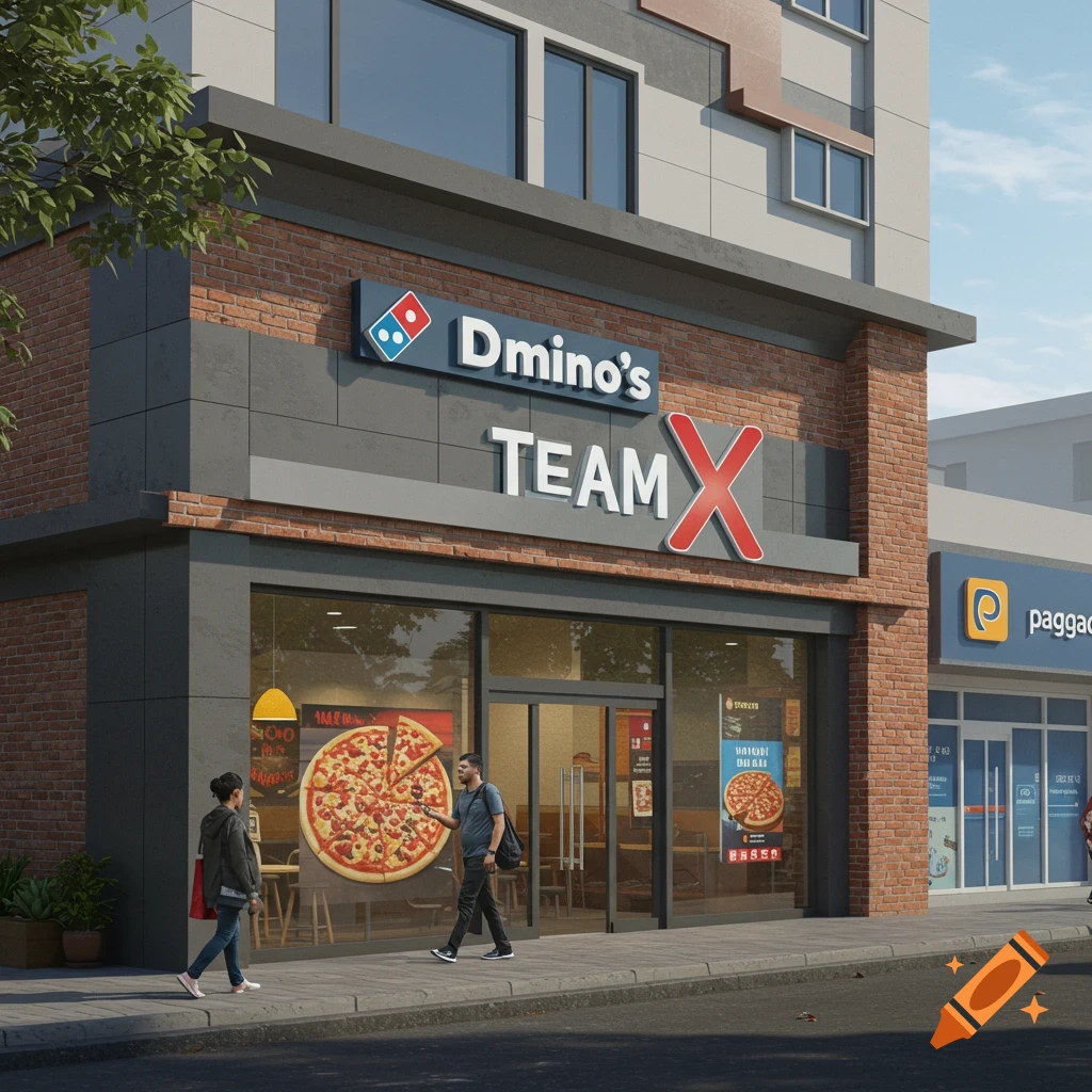 A photorealistic rendering of a Dmino's TEAM X store next to a paggac store, with people walking on the sidewalk.