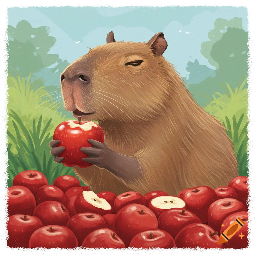 A capybara eating a red apple, surrounded by apples.
