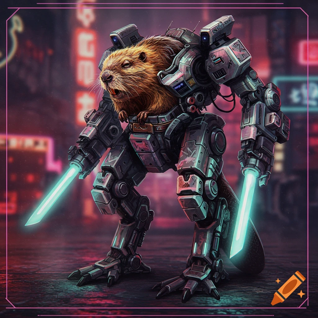 A beaver in a detailed sci-fi mech suit stands in a neon-lit cyberpunk city.