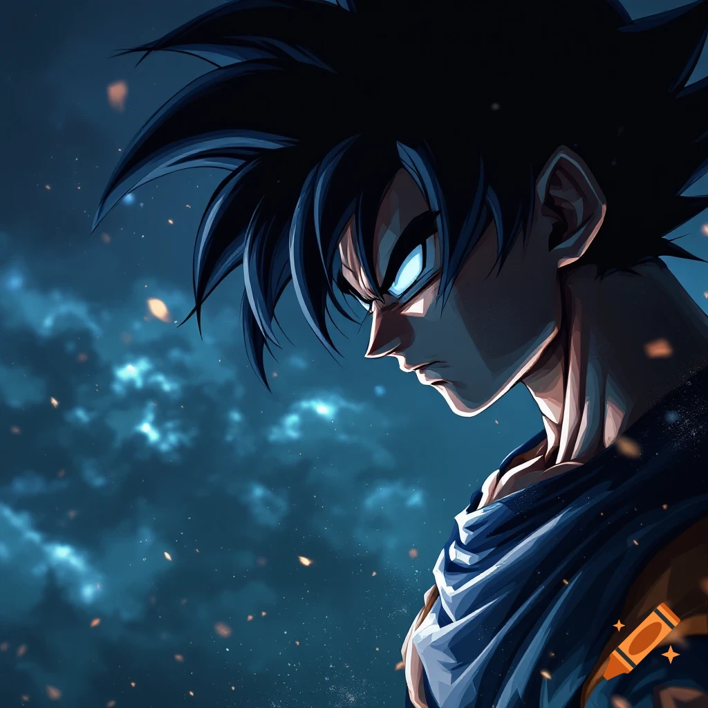 A depiction of Goku from Dragon Ball with glowing blue eyes looking down against a dark sky.