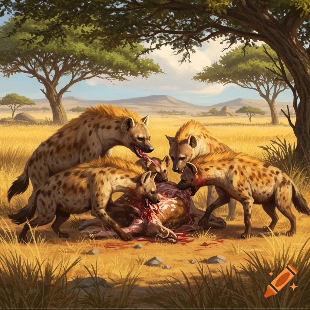 Hyenas feed on a deer carcass in a savanna.