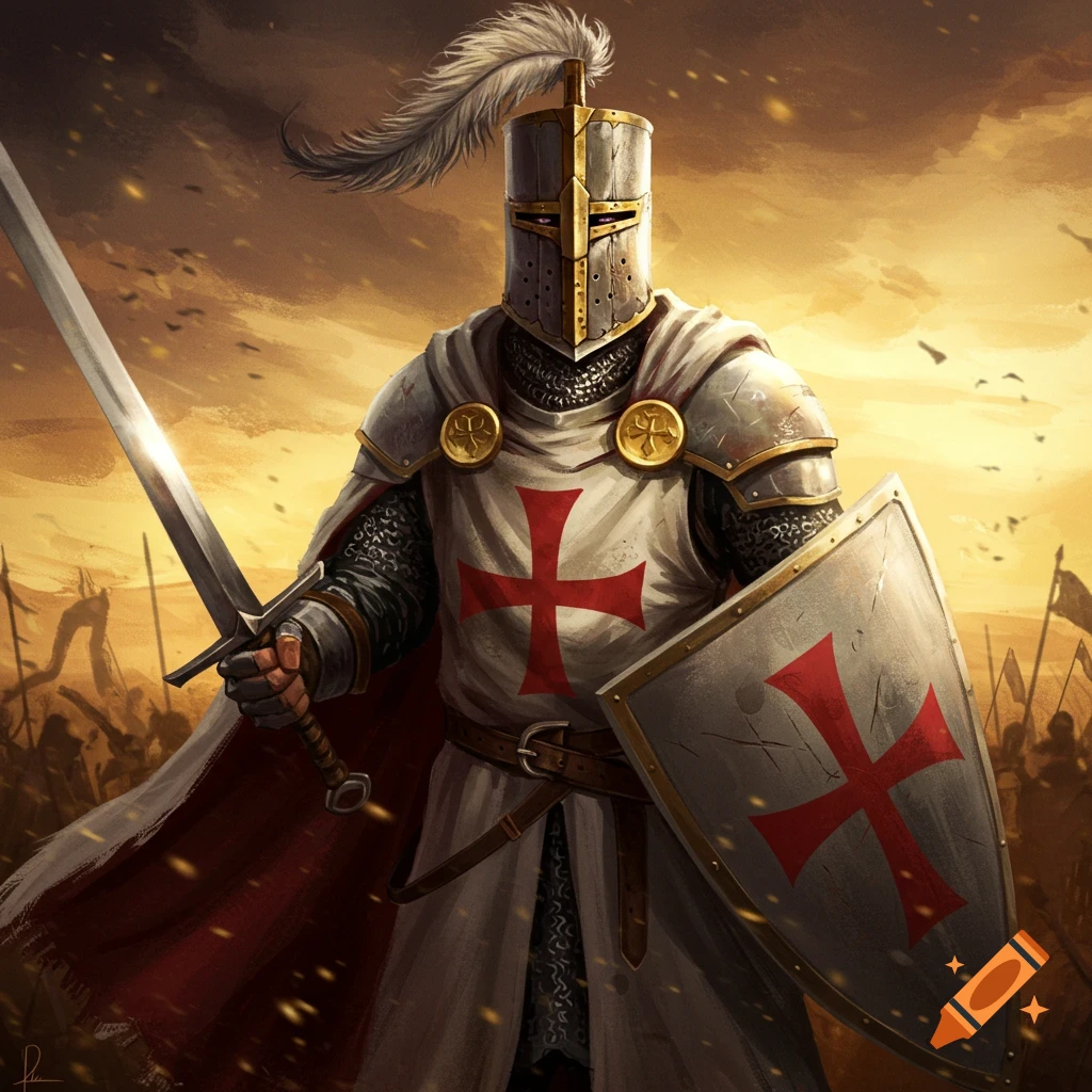 A knight in armor holding a sword and shield