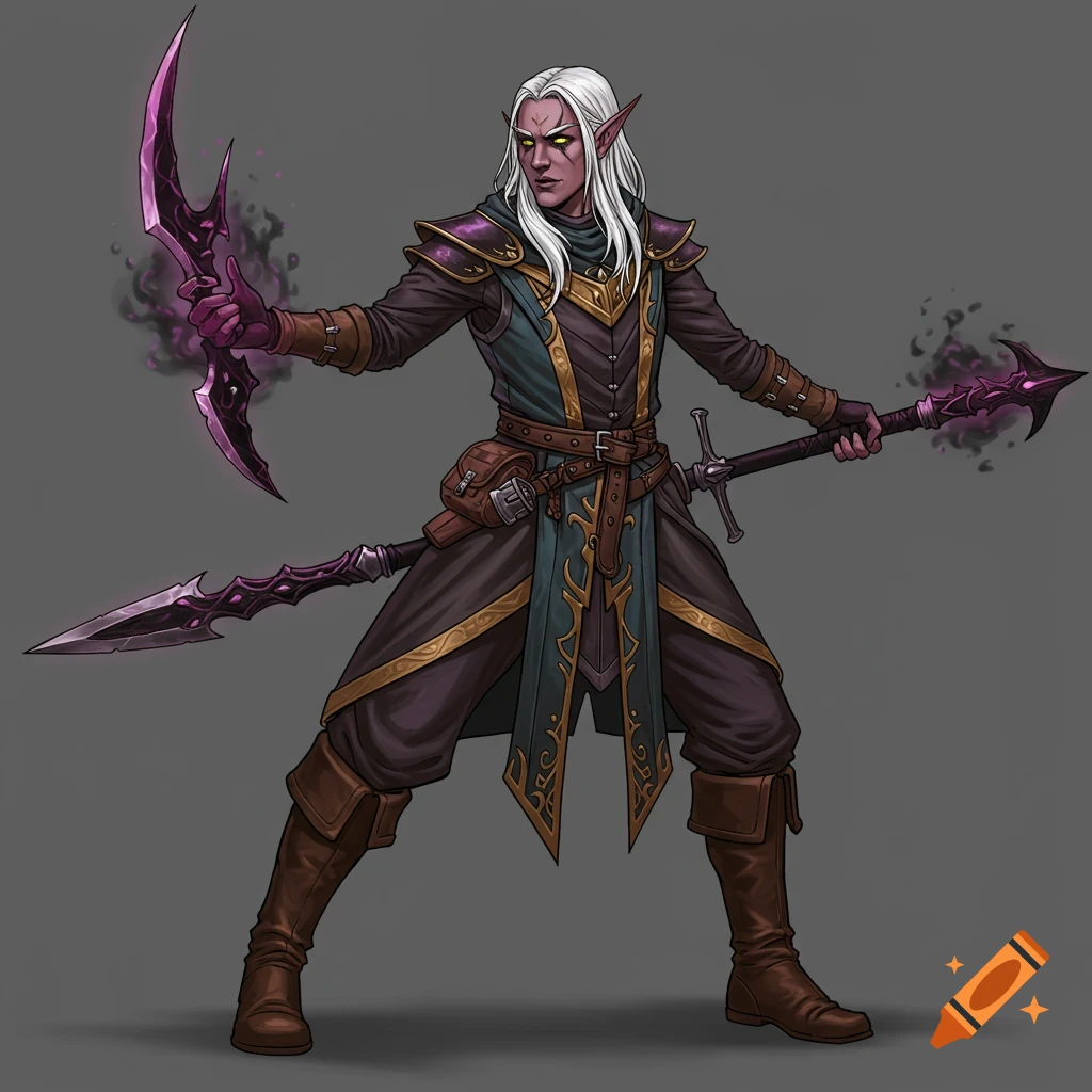 Fantasy illustration of a white-haired elf holding a unique purple sword and staff with energy effects.