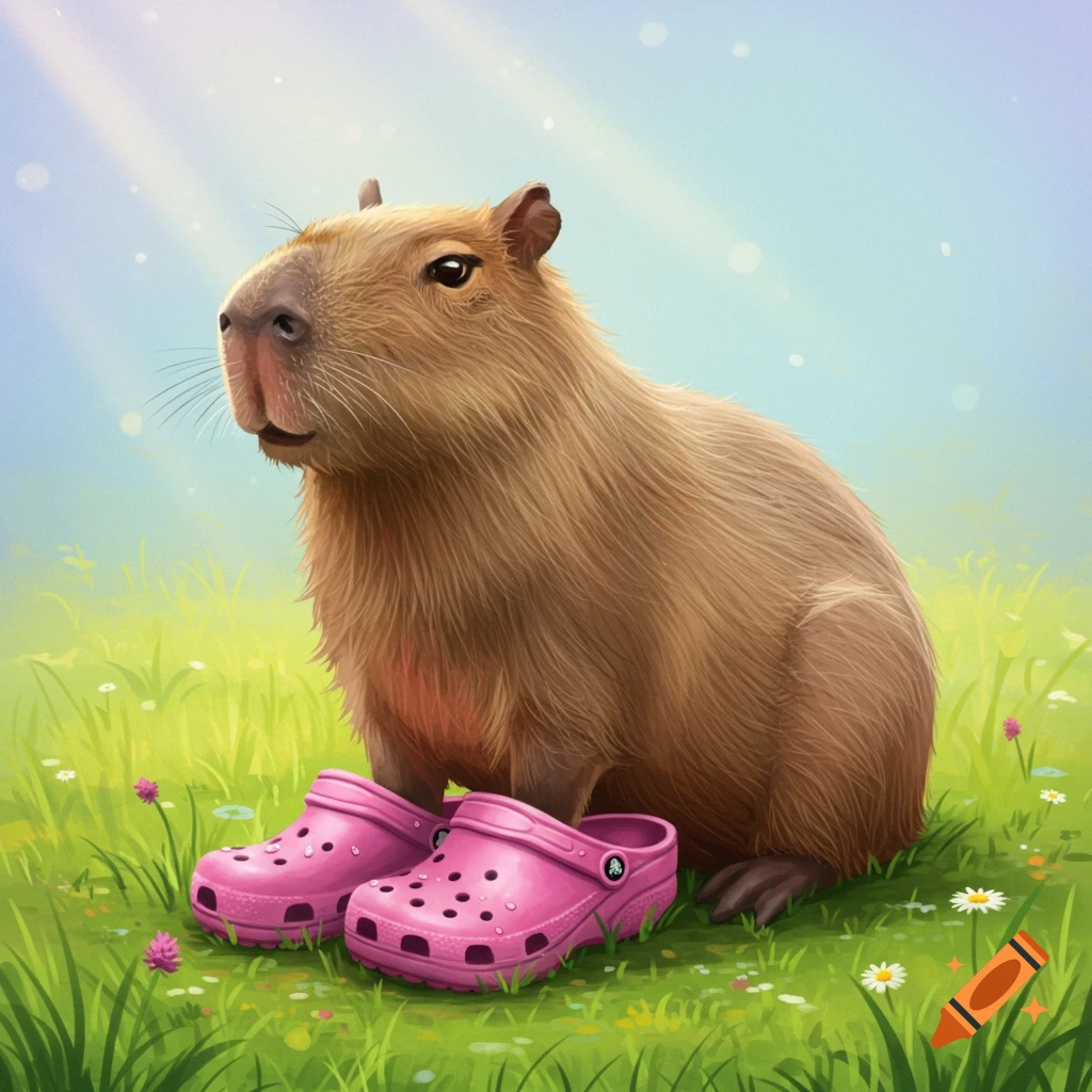 A capybara wearing pink Crocs is sitting in a grassy field.