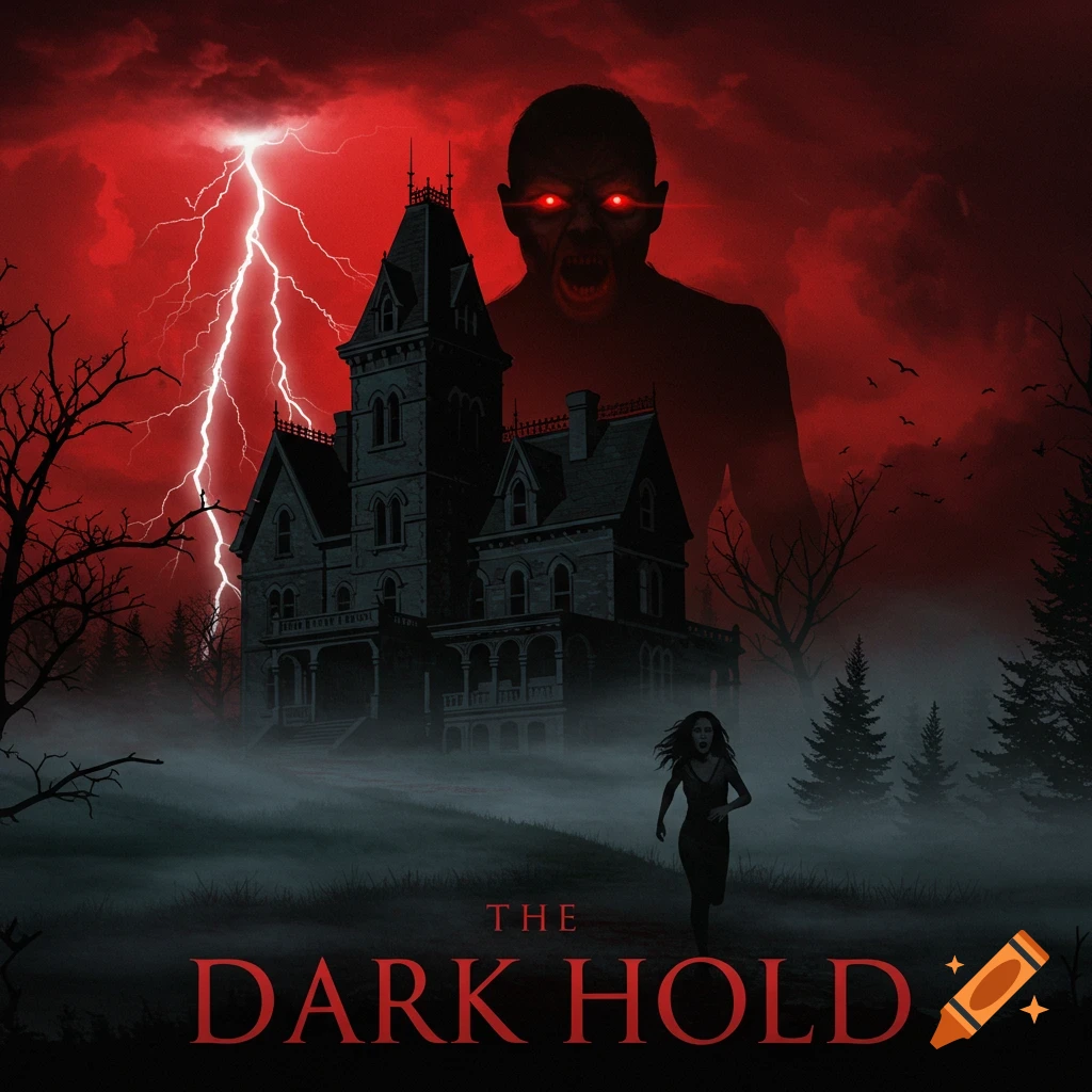 A haunted house under lightning with a giant monster and a woman running from it in foggy woods. Text reads 'THE DARK HOLD'.