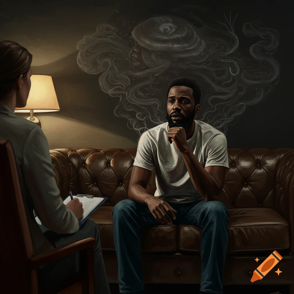 A man is in therapy, seated on a couch with an abstract thought cloud above him, talking to a therapist.