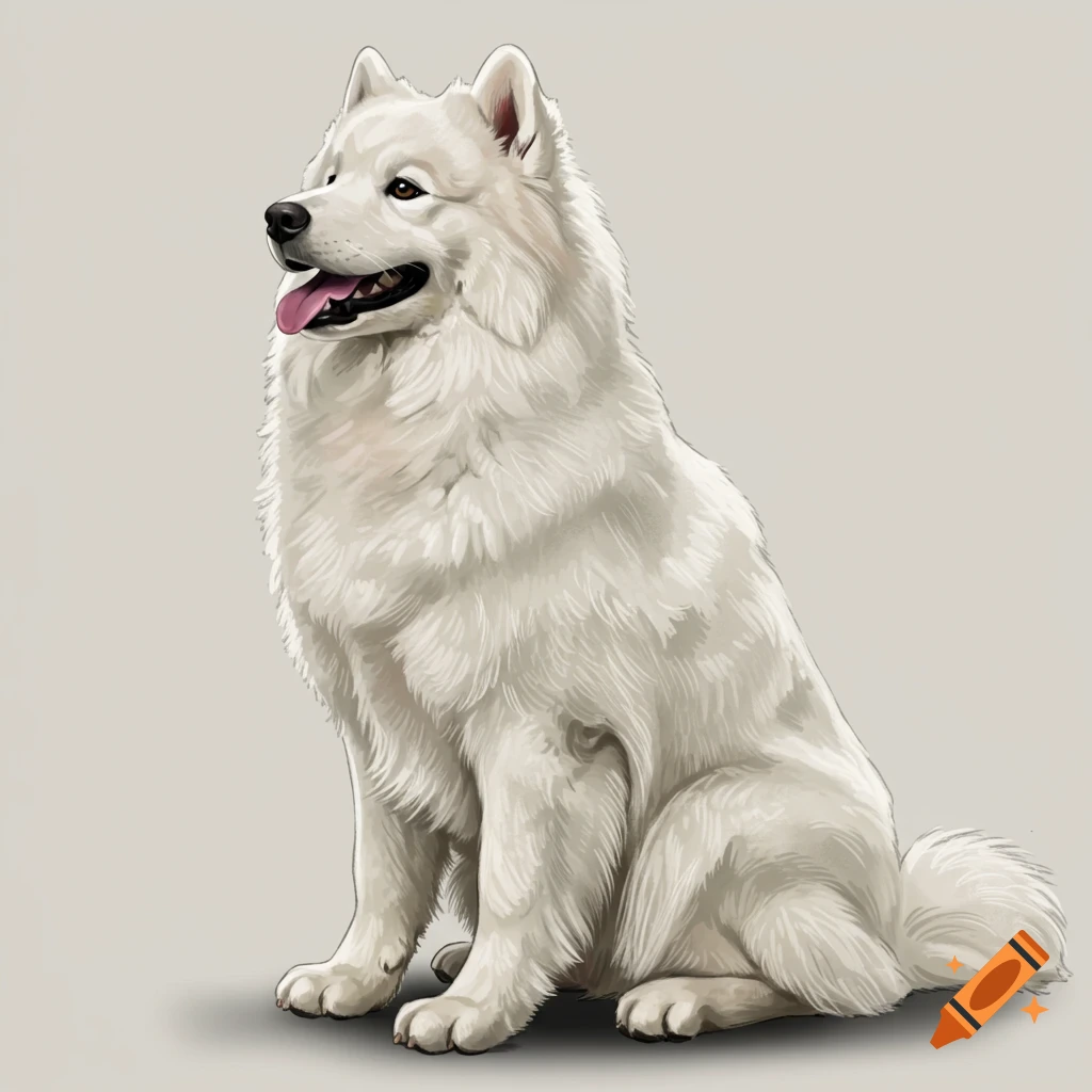 A white Samoyed dog sitting down.