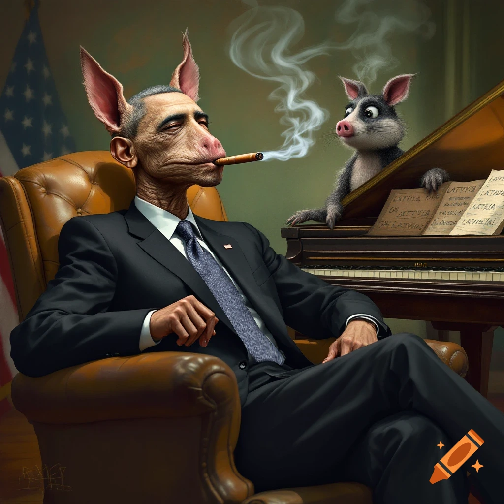 A caricature of Barack Obama with pig features, smoking a cigar and sitting in a chair. A small pig-like creature is on a piano next to him.