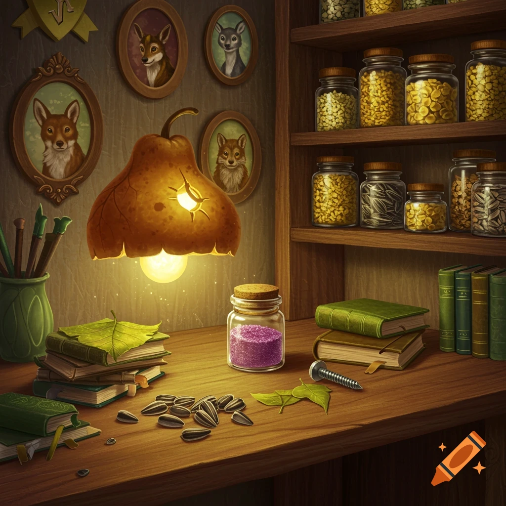 A fantasy scene of a fairy's desk with a gourd lamp, leaf books, jar of glitter, seeds, and animal portraits.