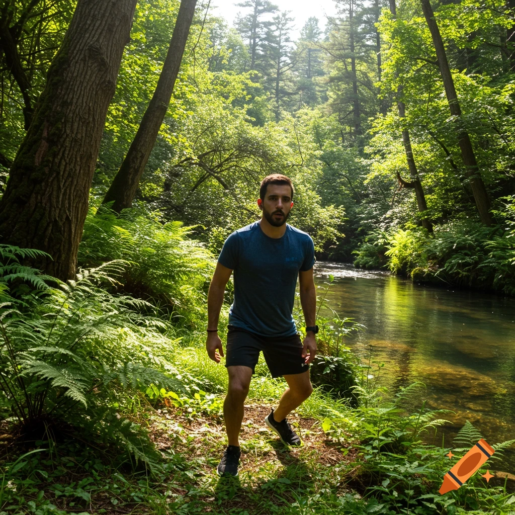 Man exercising in a sunny forest next to a river.