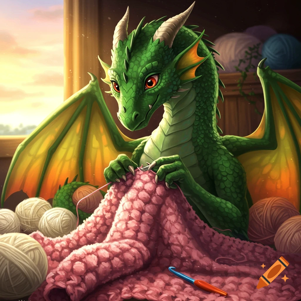 A green dragon sits by a window, crocheting a pink blanket amidst balls of yarn.