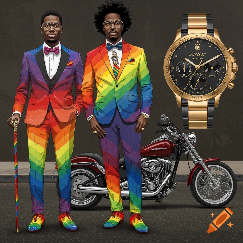 Two men in rainbow suits with a rainbow cane stand next to a red motorcycle and a large gold watch in a digital illustration.