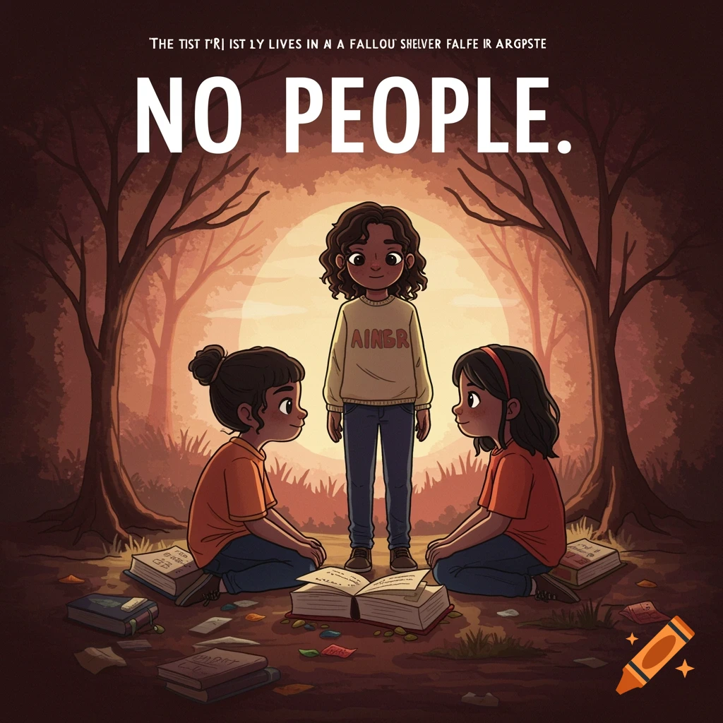 Illustration of three children reading books in a forest clearing, with large text 'NO PEOPLE' above them.