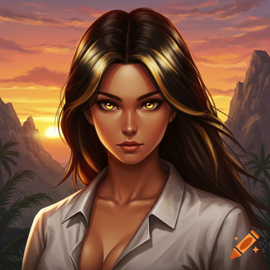 A woman with golden eyes and highlights in her hair, set against a tropical sunset.