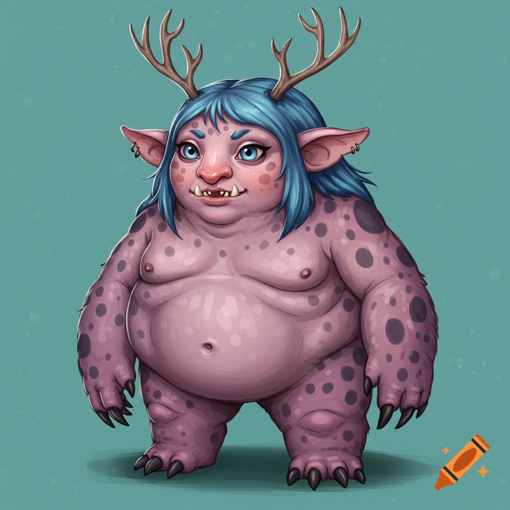 A short, fat fantasy monster with blue hair, antlers, fangs, polka dot fur, and claws.