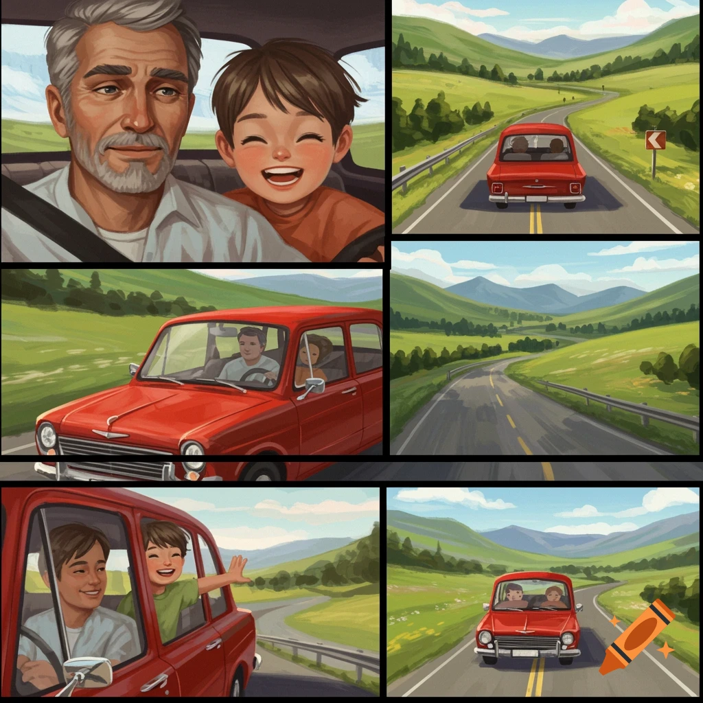 Panels of a father and son on a road trip in a red car through a green landscape.