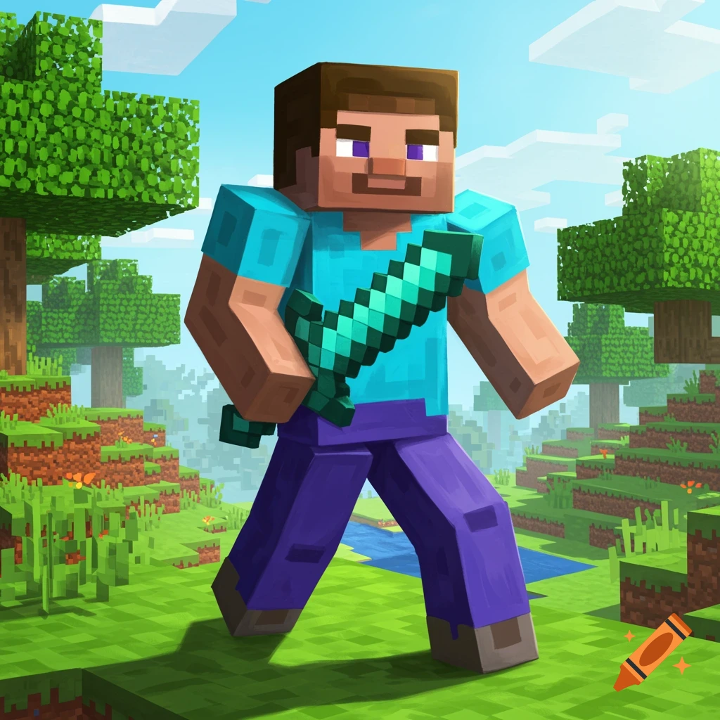 Minecraft Steve holds a diamond sword in a blocky landscape.