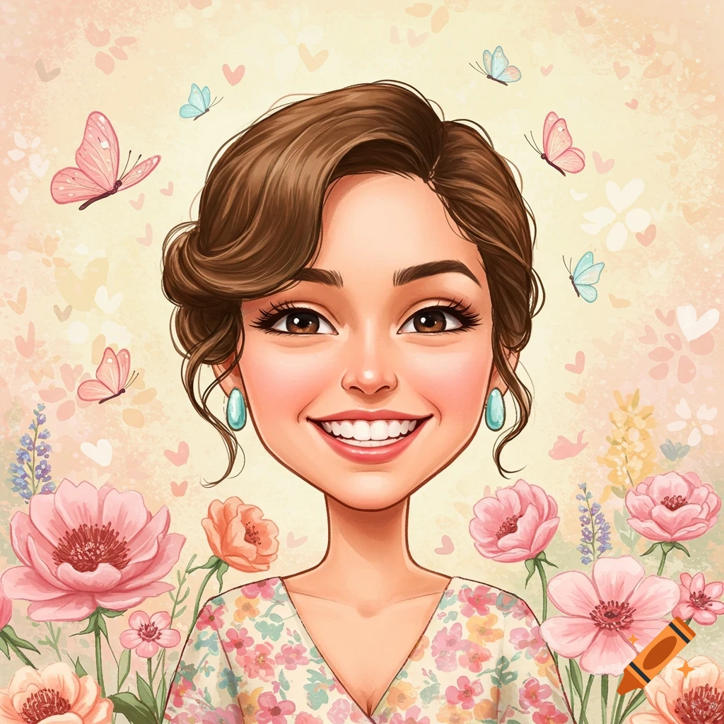 Cartoon portrait of a woman surrounded by pink flowers and butterflies