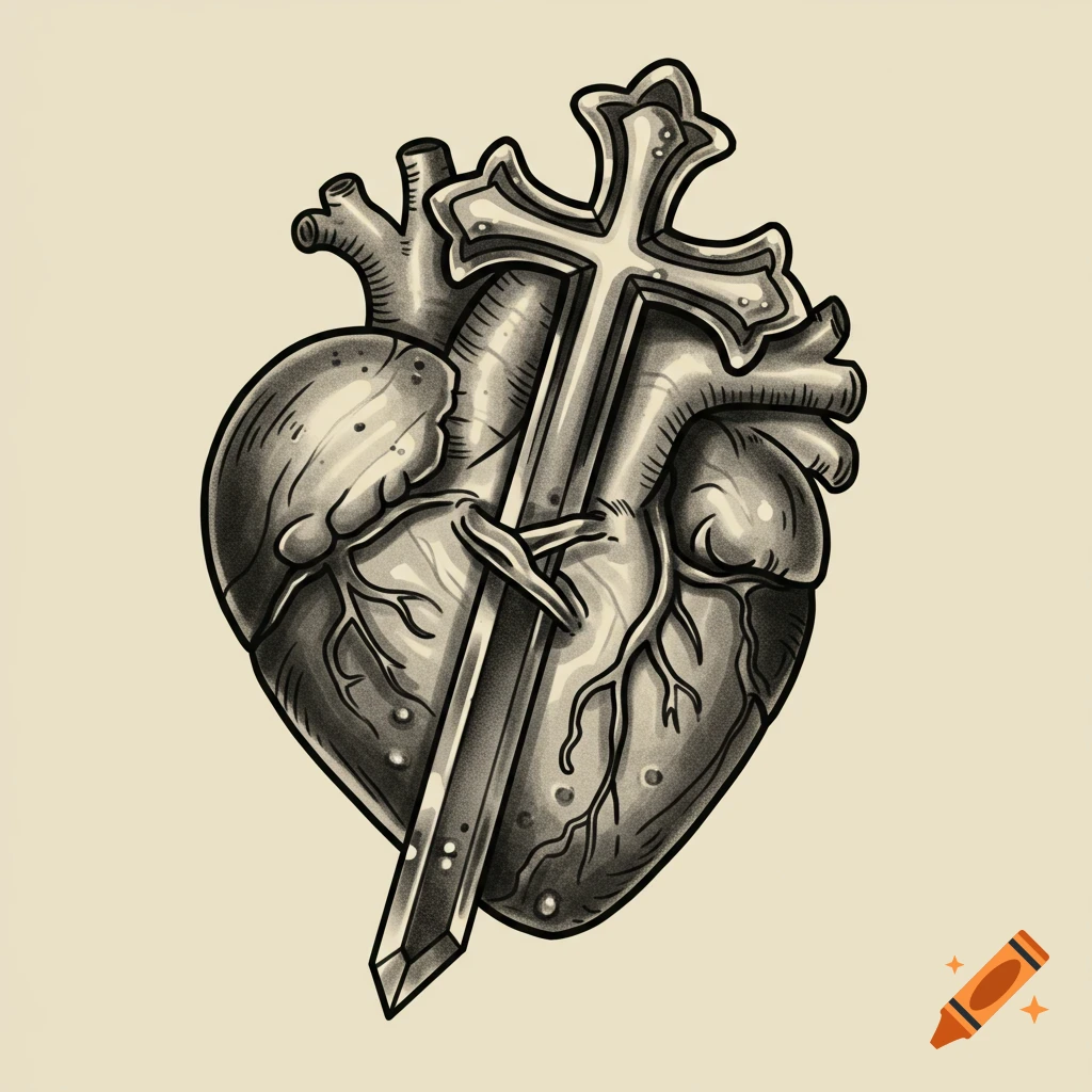 Black and white illustration of an anatomical heart pierced by a cross, in a tattoo style.