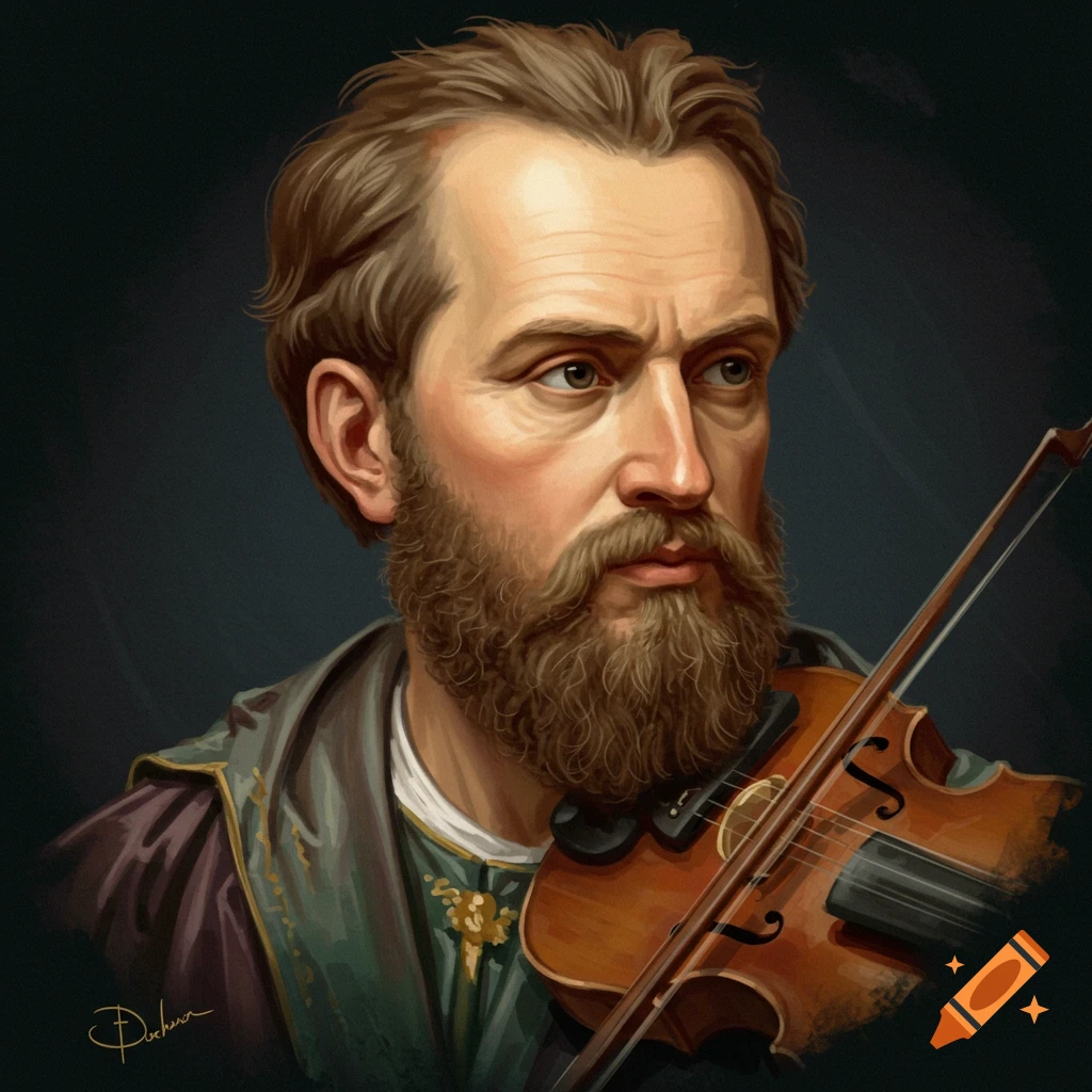A portrait of a bearded man playing a violin.