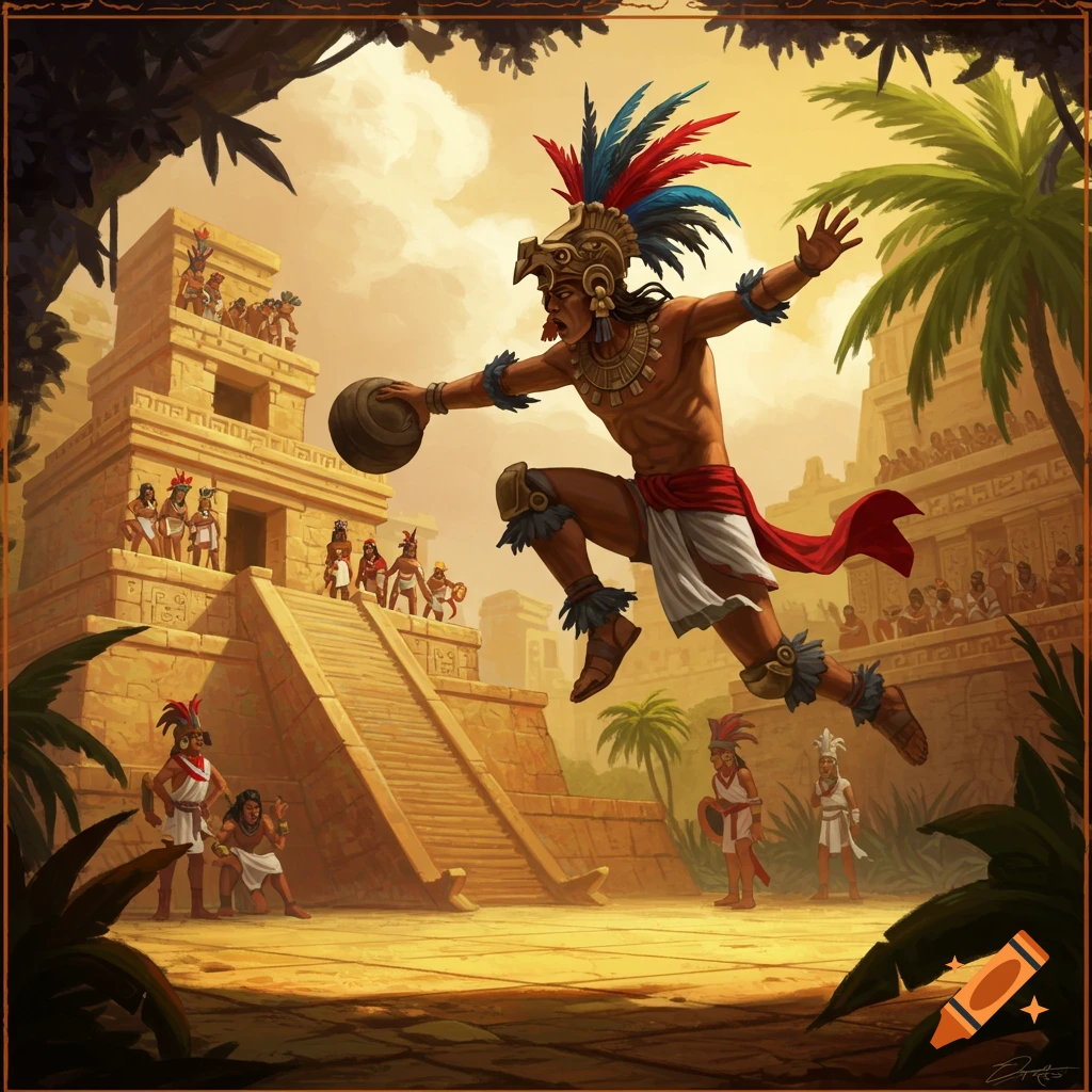 Mayan ball player jumps with a ball near a pyramid in an ancient city.