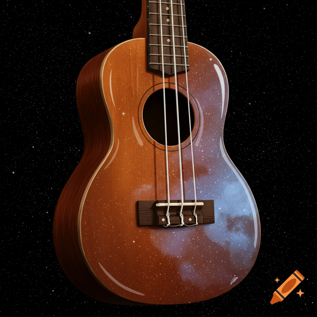 A ukulele reflecting stars and a nebula against a starry background.