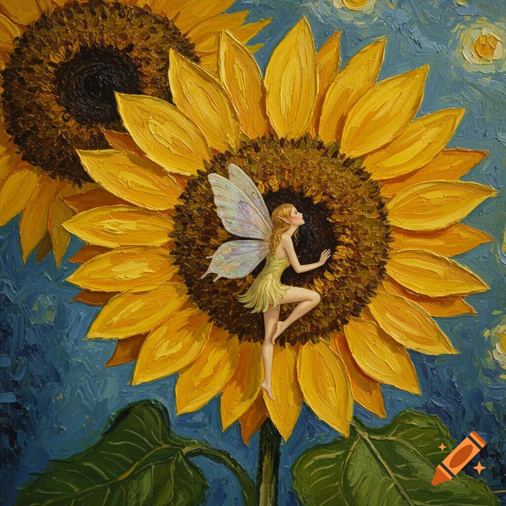A small fairy rests on a large sunflower in a textured painting style.