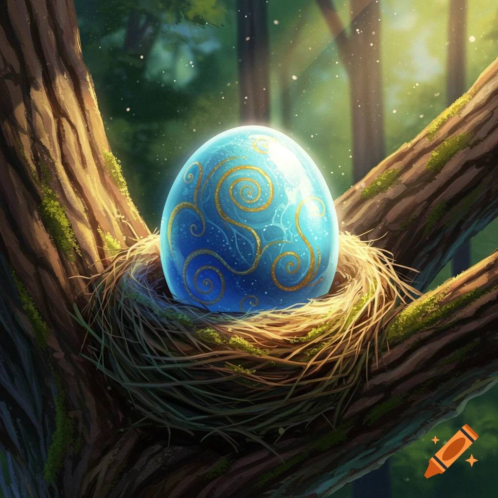 A glowing blue egg with gold patterns in a nest on a tree branch in a forest.