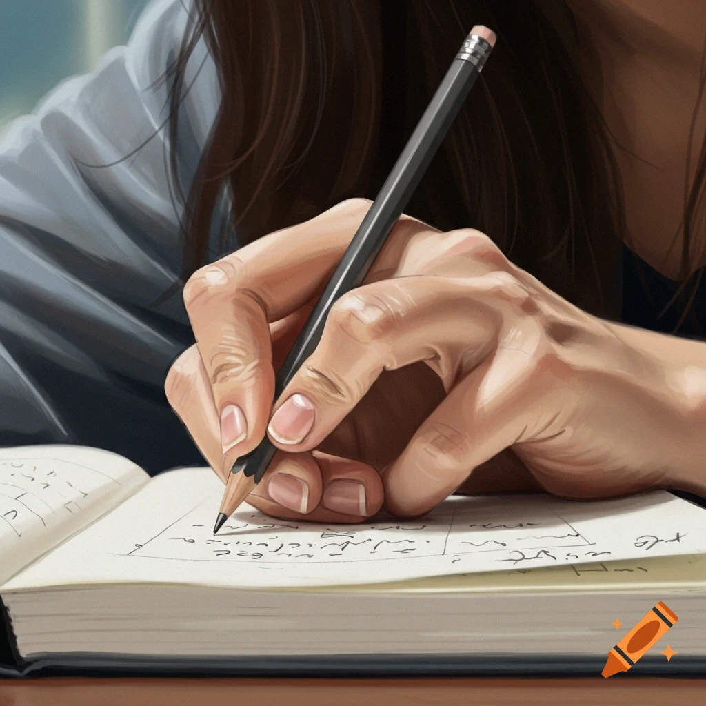 A close-up view of a hand writing in a notebook with a pencil.