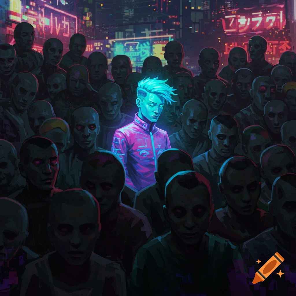 A single figure with glowing blue hair stands out in a dark crowd of zombie-like people in a neon-lit cyberpunk city.