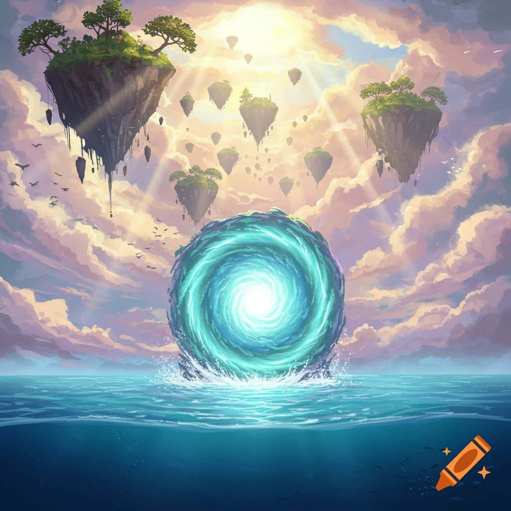 A vibrant swirling blue portal emerges from the ocean, with floating islands in a cloudy sky above.