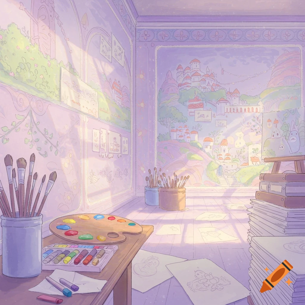 Pastel art studio with paint supplies and Ghibli-style murals.