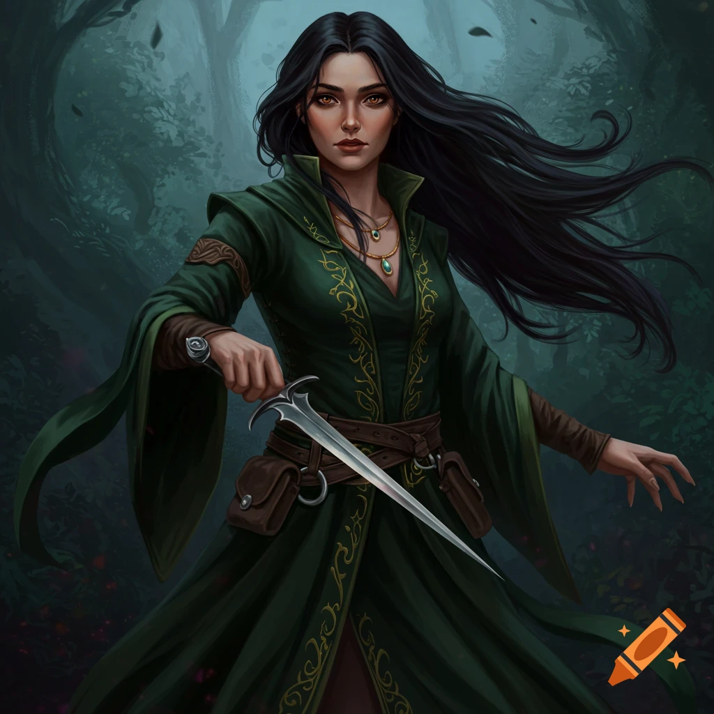 A female witch in a dark forest, holding a dagger.
