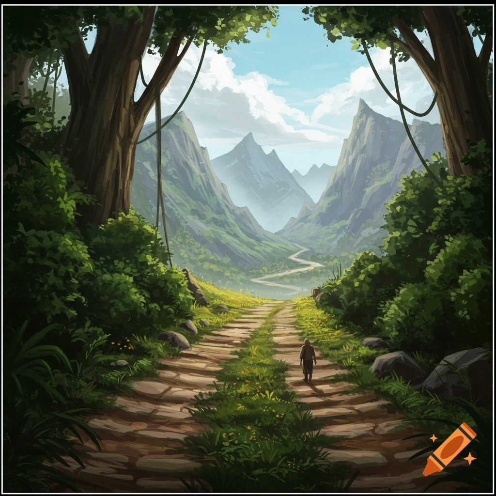 An ancient stone path winding through a jungle valley towards distant mountains, with a lone figure walking away.