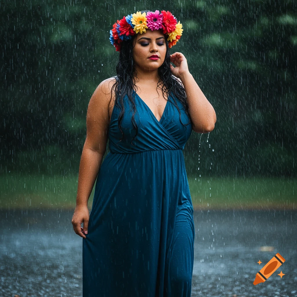 A woman with a colorful flower crown stands in the rain wearing a teal dress.