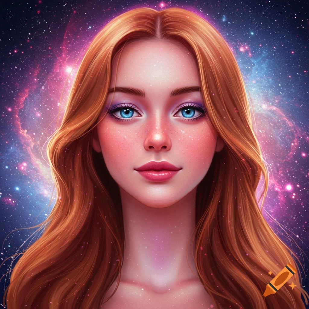 A young woman with red hair and blue eyes is shown against a galaxy background