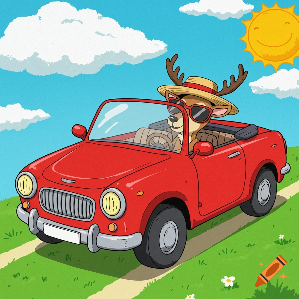 Cartoon deer wearing a hat and sunglasses driving a red convertible on a sunny day.