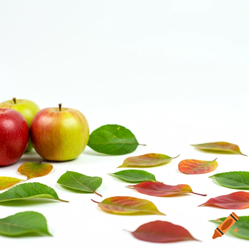 Apples and autumn leaves on a white background.