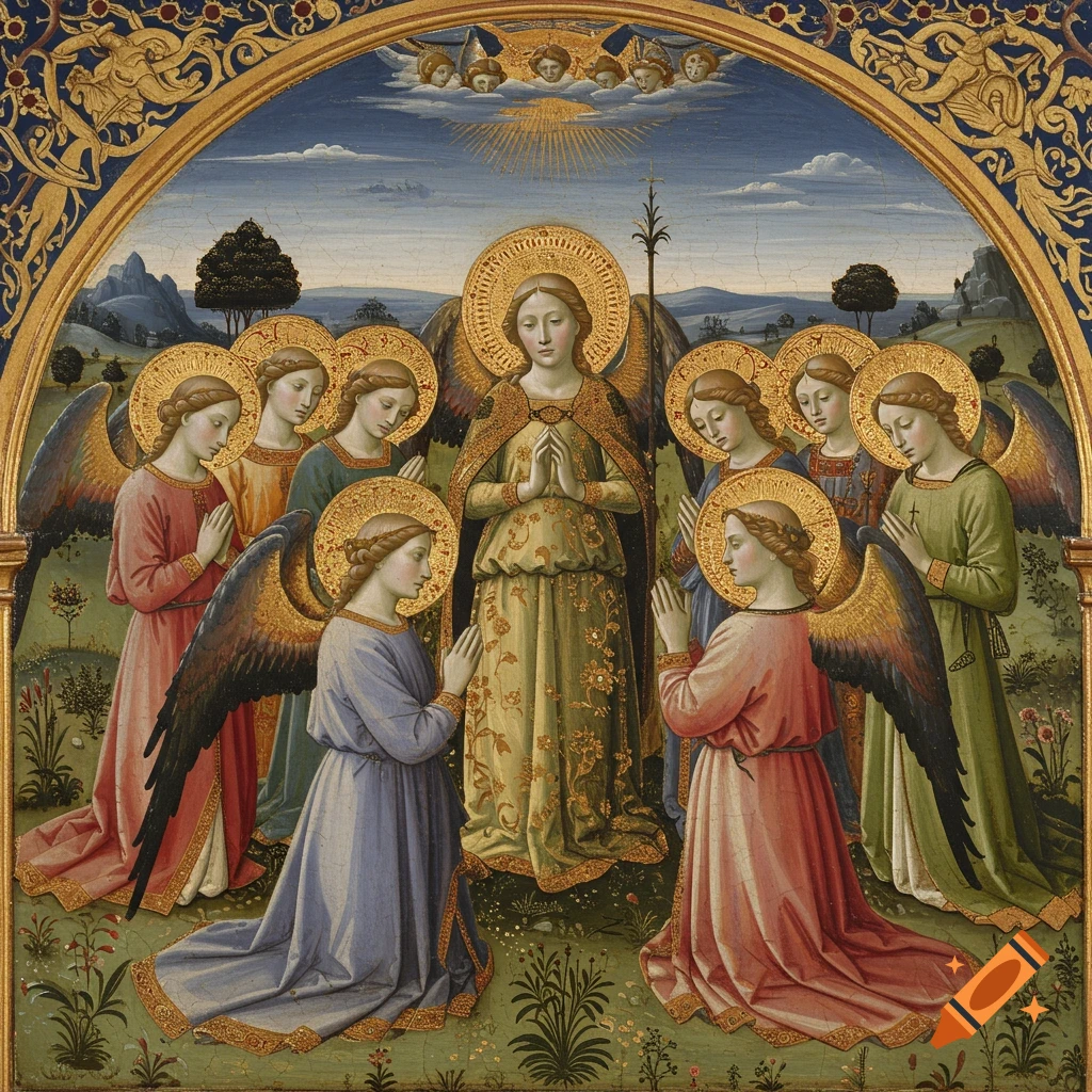 Renaissance painting of angels praying in a landscape