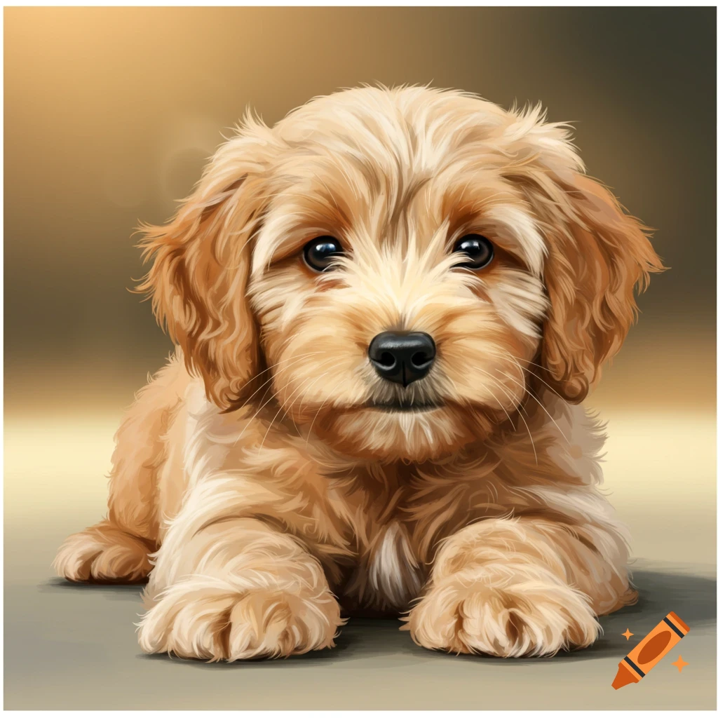 A golden doodle puppy lying down.