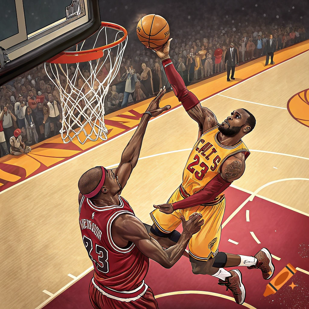 Stylized illustration of a basketball player in a yellow jersey dunking over a player in a red jersey during a game.