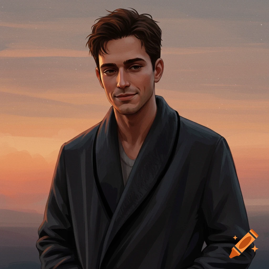 A portrait of a man wearing a dark robe against a sunset sky.