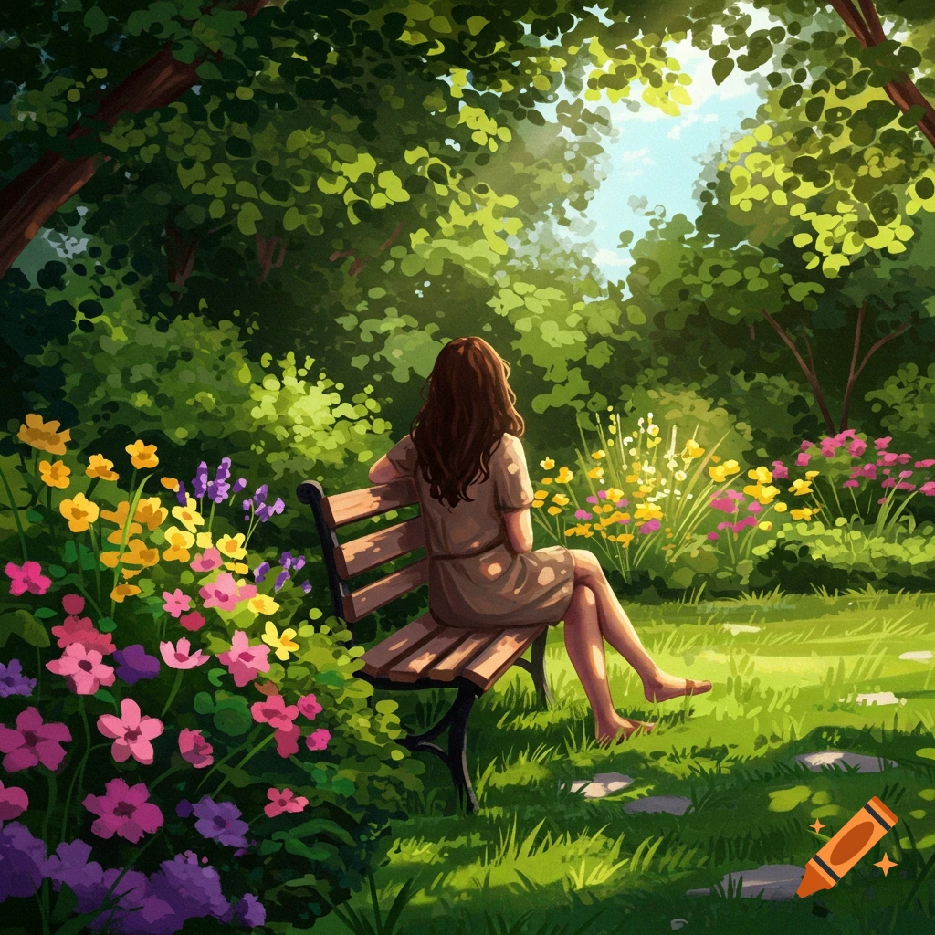 A woman sitting on a bench in a sunny garden filled with colorful flowers.