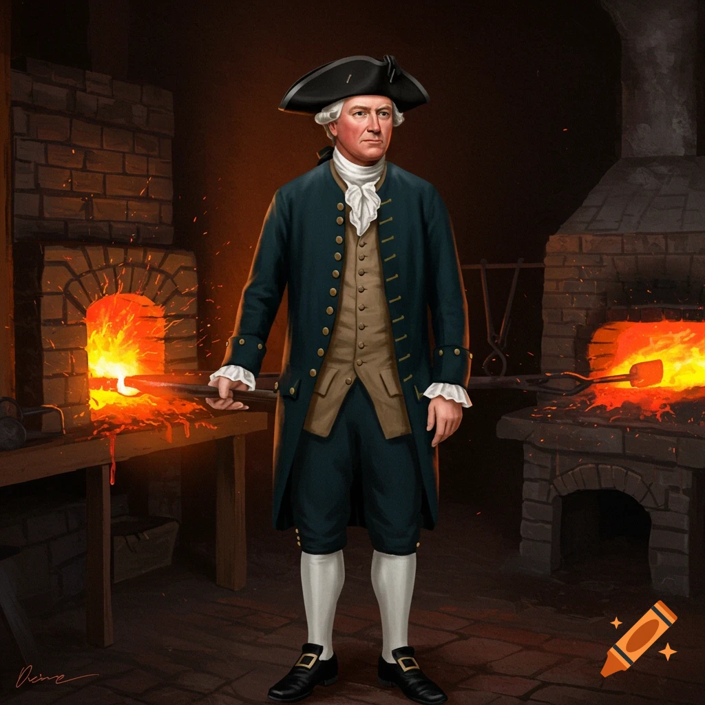 A man in 18th-century clothing stands in a blacksmith shop with a forge.