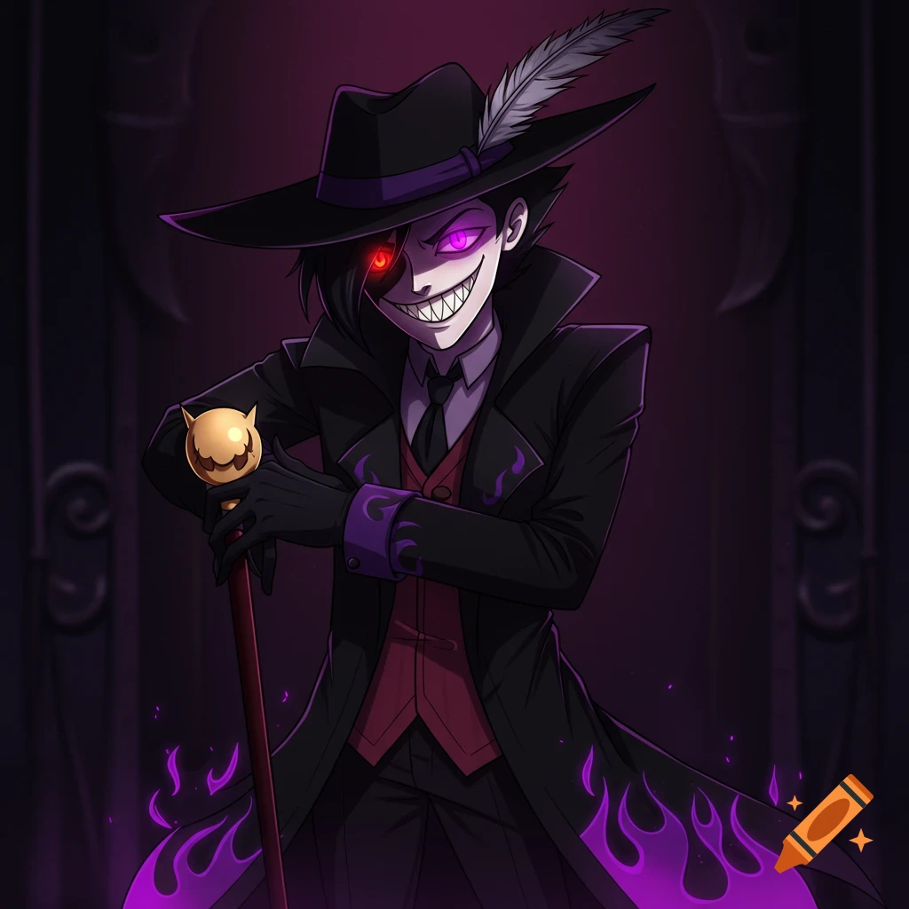 Anime character in suit and fedora with glowing eyes and sharp grin, leaning on a cane with purple flames.